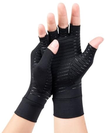 CUEMOON 1 Guanti doppi in rame Guanti a compressione per artrite, per alleviare il dolore della mano reumatoide, guanti a mezzo dito, per alleviare il dolore e riscaldare, nero, M