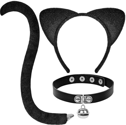 LXONTSG Cosplay Katze Accessoires, Katze Cosplay Set, Karneval Katzen Cosplay Accessoires, Katzen Cosplay Kostüm, mit Schwarz Katzenohren Stirnband Schwanz Halsband, für Kinder Erwachsene