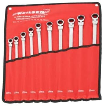 Neilsen CT6618 10-Piece Extra Long Flexible Ratcheting Spanner Set – Metric Combination Wrenches (10-19mm) with 72 Teeth (5° Opening Angle), Flexhead and Gear Ratchet, in Durable Pouch