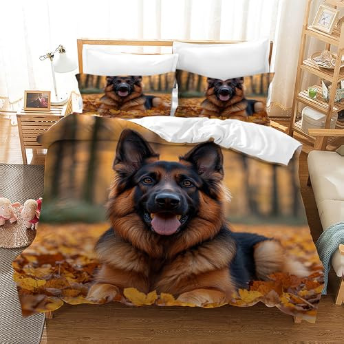 TKCQX SchäFerhund BettwäSche 135x200 Kinder Junge MäDchen BettwäSche-Sets, KinderbettwäSche Herbst Winter Bettbezug Aus Mikrofaser mit ReißVerschluss mit Kissenbezug 80x80 cm