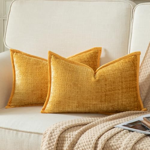 Yaertun 2er Set Kissenbezug Gelb 30x50cm Chenille Kissenbezüge Kissenhülle Dekokissenbezug sofakissen dekokissen deko Samtrückseite für Sofa Schlafzimmer Wohnzimmer Weiche Gemütliche