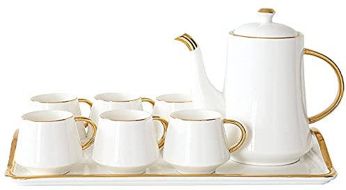 JLBopqaz Kaffeetassen im Hofstil, Teeservice aus Porzellan, Teetassen und Untertassen, 6er-Set, Teeservice mit Teekanne für Erwachsene mit Goldrand, Jahrestag, Geburtstag