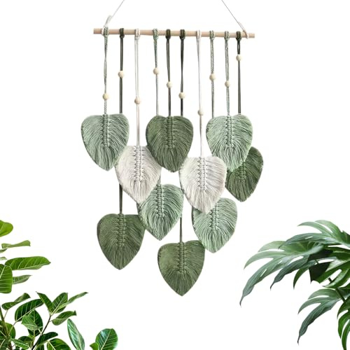 Makramee Wandbehang Wandteppich Boho Deko, Makramee Blätter Wandteppich, Macrame Wall Hanging Leaves Tapestry, makramee wandteppich mit Holzperlen und Grün Blätter für Schlafzimmer Kinderzimmer Büro