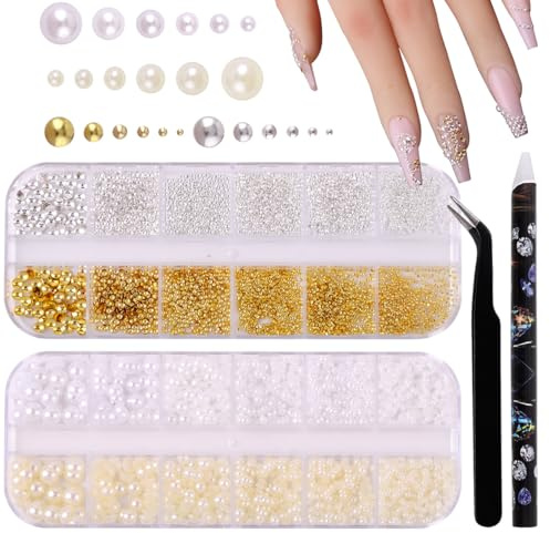 EYVRPAU 2pcs Nailart Perlen Kaviar Perlen Nägel Flackback Perlen Nail Charms und Gold Silber Kaviar Strasssteine mit Aufnahmestift und Pinzette,Beige Nagel Perlen Mikroperlen Dekor für Nägel Design