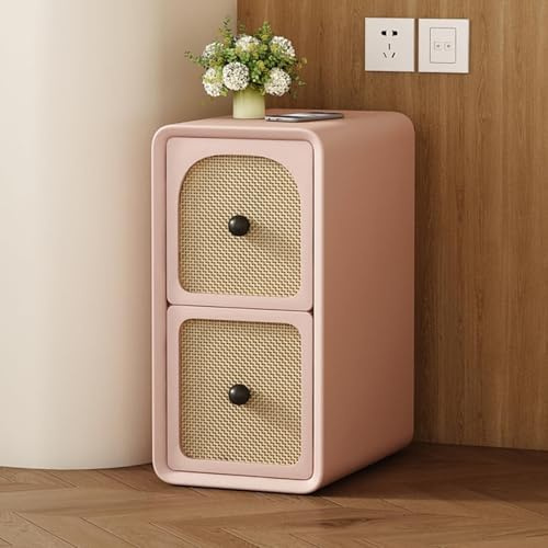 Pink Palm Table de Chevet Fine avec 2 tiroirs en rotin, Table de Chevet étroite avec Rangement pour Petits espaces, Construction Solide (Rose, 30 cm)