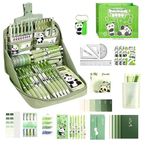 wiroouia Ensemble Papeterie Panda, Trousse à Crayons Grande Capacité avec Stylos, Règle, Cahier, Porte-clés, Autocollants, Ruban Correcteur, Kit de Fournitures Scolaires Panda pour Enfant & Écoliers