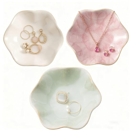 Bustlwor 3 Piezas Bandeja Joyas de Cerámica, Bandeja Para Joyas Con Forma de Flor, Cuenco Decorativo Llaves Para Llaves,Collares,Monedas y Frutas(Rosa + Verde + Gris)