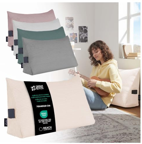DreamRoots Lesekissen Keilkissen Cord, 70x40x20 cm, Crème | Rückenkissen, Wandkissen, verstellbar, Bezug 380 g/m², abnehmbar & waschbar, Seitentasche, für Bett & Sofa