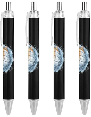 THKVSV Volleyball in Wasser und Feuer bedruckter einziehbarer Kugelschreiber, blaue Kugelschreiber, 0,5 mm Spitze, für Arbeit und Büro, 1 Stück