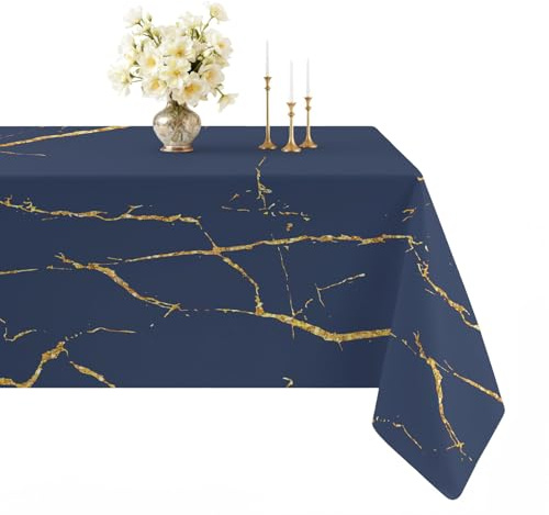Arwllzz Tischdecke Leinenoptik Modern Abwaschbar 100 x 140 Rechteckig Mitteldecke Tisch Marmor Gold Tischwäsche Vintage Blau Tischdeko Geburtstag Landhausstil Tischtuch für Biertisch Party