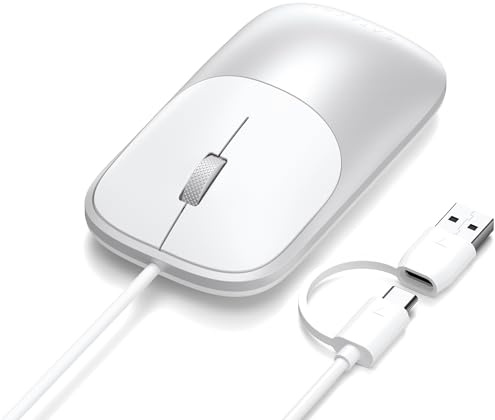 SATECHI Ratón con Cable Slim LX, Plata | Cable 2 en 1 USB-C y USB-A, clics silenciosos, en aluminio mate, rueda metálica, para MacBook, Windows y más