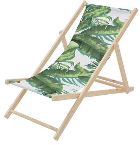 ECD Germany Liegestuhl klappbar Tropical Grün-Weiß, aus Holz, Sonnenliege mit 3-Fach Verstellbarer Rückenlehne, Strandliege bis 120 kg, Gartenliege, Strandstuhl, Relaxliege für Garten Balkon Terrasse