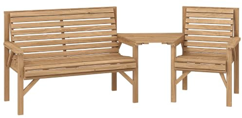 Outsunny Gartenstühle 3er-Set Sonnenschirmloch Naturholz 121 x 65 x 90cm | Balkonmöbel Set, Gartenstuhl Bank, Abnehmbarem Tisch, Terrassenstühle Sitzgruppe, Outdoor, für Balkon, Terrasse, Garten