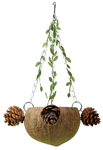 Nichoir à oiseaux naturel - Bol en noix de coco - Nid décoratif | Fixation sûre toute l'année - Décoration réaliste pour perroquets, tortue, perruche, intérieur et extérieur