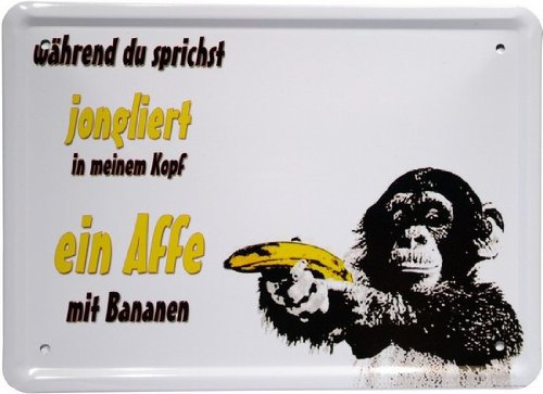 WOGEKA ART Retro Blechschild - Während du sprichst...Affe - witziger Spruch als Geschenk-Idee zum Geburtstag Weihnachten zur Dekoration 15x21 cm Vintage-Design aus Metall MJ 22