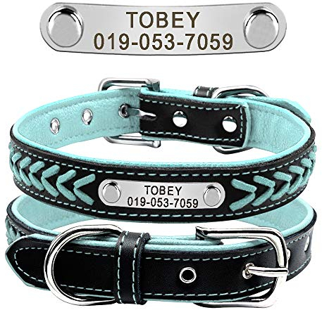 Beirui Personalized Soft Padded Dog Collar with Buckle Comfortable and Stylish Leather Dog Collar for Small Medium Large Dogs with Name Plate(M, Blue 30-39cm)