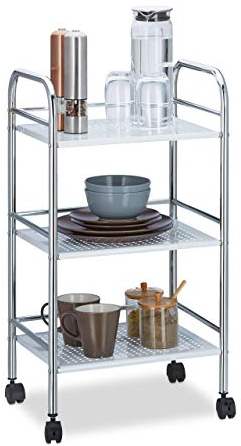 Relaxdays Camarera de 3 Pisos, Carrito Cocina con Asas para Empujar, Hierro Cromado, 75 x 40,5 x 31 cm, Blanco