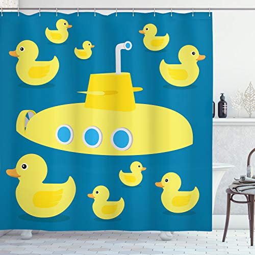 ABAKUHAUS Canard en Caoutchouc Rideau de Douche, sous-Marin Jaune, Tissu Ensemble de Décor de Salle de Bain avec Crochets, 175 cm x 200 cm, Bleu Marin