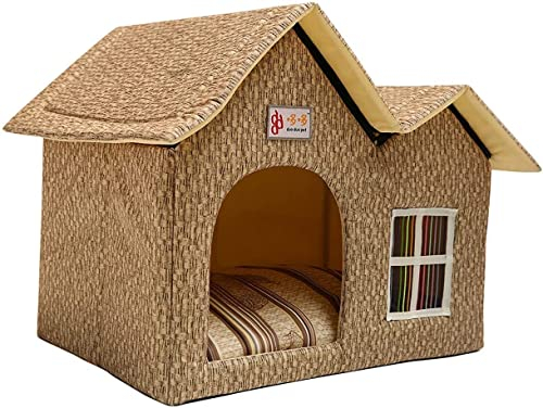 Sport Tent Faltbares Hundebett Hundehaus Hundehöhle Hundekissen Waschbares Haustierbett Hundehütte mit herausnehmbarer Matte Kissen, Doppeldach Zwinger für Hunde, Katzen Katzenhöhle Katzenhaus Gold