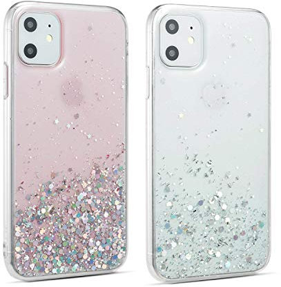 DEFBSC 2 Pack for iPhone 11 Pro Max Case, Bling Glitter Sequin Clear Back Cover, Soft TPU Clear Shockproof Bumper Case Slim Transparent Sequins Back Cover for 6.5 inch iPhone 11 Pro Max Pink & White