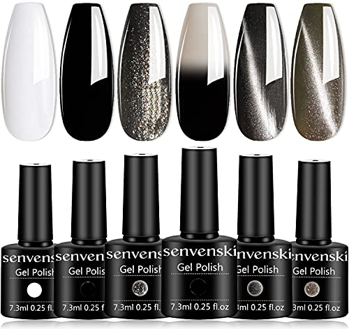 Senvenski Black White Gel Nail Polish Kit - UV/LED Nail Art Set with Gunmetal Silver Grey Pewter Glitter Colours | Colour Changing Cat Eye Magnetic Manicure Gift Kit for Women Salon Home Use (HS004)