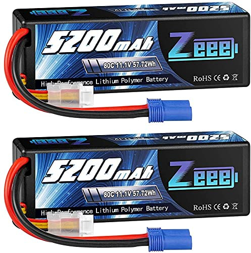 Zeee 3S Lipo Battery 11.1V 80C 5200mAh RC Battery Hard case with EC5 Plug for RC Car Boat Truck Helicopter Airplane Racing Models(2 Packs)