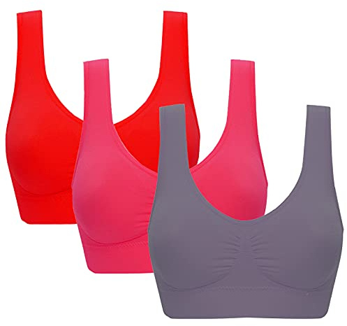 Jamron Mujer 3 Piezas Bralettes Cómodos sin Aros sin Costuras Sujetador Deportivo con Almohadillas Extraíbles para Yoga Rojo + Fucsia + Gris L