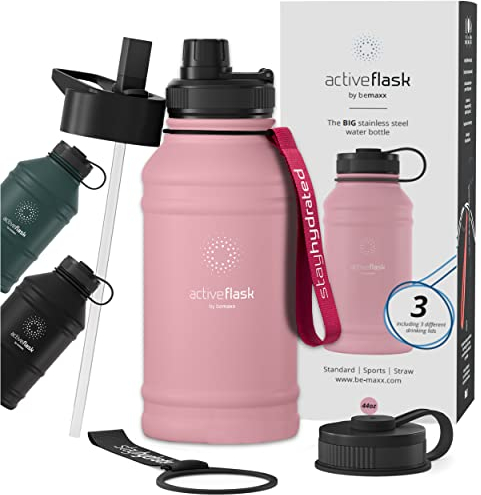BeMaxx Trinkflasche Edelstahl ACTIVE FLASK + Strohhalm (3 Deckel) | Große 1,3 Liter Sportflasche BPA-frei Auslaufsicher Kohlensäure geeignet, 2l XL Wasserflasche Sport Outdoor Fitness Wasser Flasche
