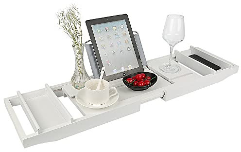 Plateau de Baignoire Extensible Pont de Baignoire Bois Etagère à Baignoire Réglable en Longueur 70 à 105 cm, Blanc
