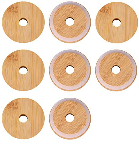 KINBOM 8pcs Mason Jar Wood Lids with Straw Hole, Reusable Bamboo Jar Lids Leak Proof Glass Canning for Wide Mouth Mason Jar Beer Can Glass with Removable Silicone Ring, 70mm