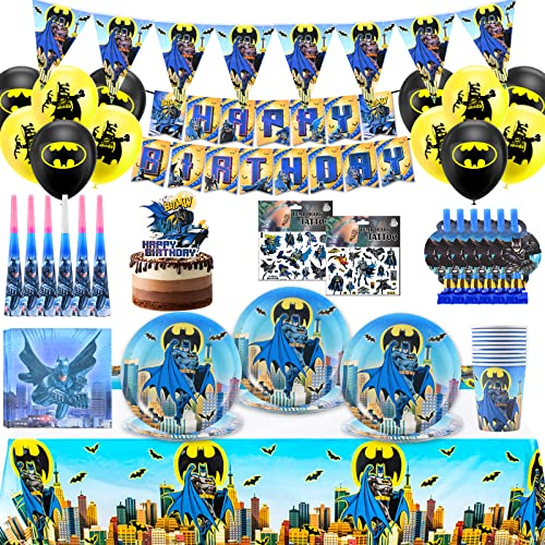 Batman Birthday Decoration, Children's Batman Birthday Party Supplies with Tableware Plates Napkins Cups Banner Cake & Balloons Decorations (101 Pcs)
