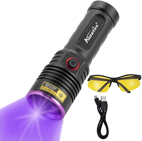 Alonefire SV53 Linterna UV 36W 365nm Profesional Potente Recargable USB Ultravioleta Luz Negra Detector de Orina para Resina, Pesca, Escorpión, Minerales, Pegamento con Gafas Protectoras UV, Batería