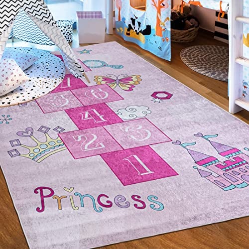 Mazovia Kinderzimmerteppich Antirutsch - Waschbar bis 30 Grad - Spielteppich Hüpfspiel - Kurzflor Kinderteppich für Kinderzimmer - ÖKO-TEX - Teppiche Junge Mädchen Rosa Pink 140 x 200 cm