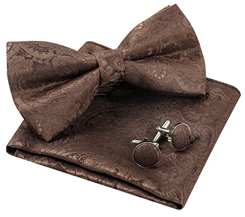 Alizeal Vorgebundene Fliege, Einstecktuch und Manschettenknöpfe für Herren, Retro-Paisleymuster, braun, Einheitsgröße