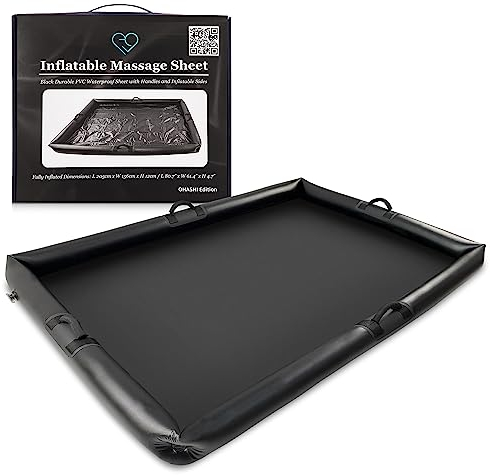 Aufblasbare Nuru-Massageliege mit Griffen und aufblasbaren Seiten | Schwarz | Strapazierfähiges PVC, wasserdicht | 210cm x 156cm x 16cm | Schutz vor öl-, wasser- und silikonhaltigen Produkten