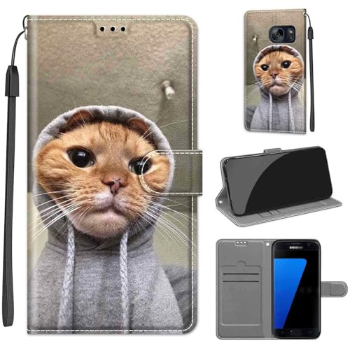 Handyhülle für Samsung Galaxy S7, Katze | Premium Leder Flip, Klappbar, Stoßfest, Magnetisch, Standfunktion, Kartenfächer, Wallet Handyhülle