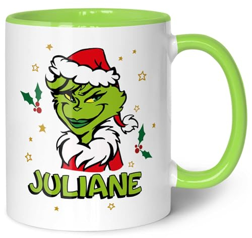 GRAVURZEILE Tasse imprimée - Grinch féminin - Personnalisable avec nom - Passe au lave-vaisselle et au micro-ondes - Tasse de Noël comme cadeau pour elle et lui pour Noël - Vert