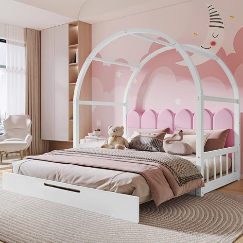 Merax Erweiterbares Gewölbtes Dachbett für Kinder: Schiebebett, Tagesbett, Doppelbett mit Samtkissen und Kiefernholzrahmen in Weiß und Rosa (140x100cm & 140x200cm)