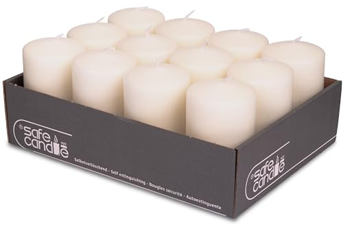 DecoLite Stumpenkerzen 10 x 6 cm, 36h Brenndauer, 12 Stück, Wollweiß | RAL-geprüft, Safe Candle selbstverlöschend, tropf- & rußfrei, ohne Duft, 12 Stück, 10 x 6 cm, 36 h