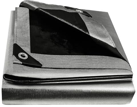 Bâche de protection en tissu 4 m x 8 m - 180 g/m² - Imperméable - Avec œillets - Pour meubles de jardin, piscine, trampoline, toit - Résistante à la déchirure - Gris/noir