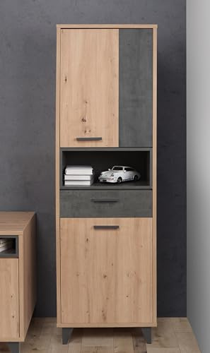 Forte Raven Bücherregal 60, Regal mit 2 Türen und 1 Schublade, Standregal modern, Holzwerkstoff, Artisan Eiche Holzdekor/Betonoptik Dunkelgrau, 59,8 cm breit x 192,4 cm hoch x 41,5 cm tief