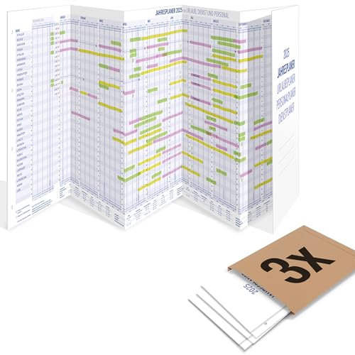 3er Pack: Yohmoe® Mitarbeiter Urlaubsplaner 2025 faltbar, gefalzt Format 975x297 mm, großer Personalplaner Wandkalender für Urlaubsplanung, Dienstplaner Kalender über 14 Monate, Urlaubskalender