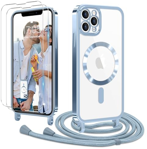 Ethanger Handyband für iPhone 11 Pro Hülle mit Band + 2 Stück Glas Schutzfolie Transparent Silikon Handyhülle Magnetische Schutzhülle Case zum Kordel Abnehmbar für iPhone 11 Pro Blau