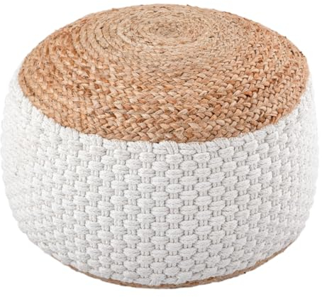 Amago home Sitzhocker Natur/weiß Sitzpouf Jute rund 50 x H 35 cm Deko Hocker Bodenkissen Fußhocker Farbe Weiss Jute Natur