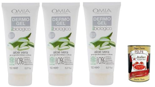 Omia Dermogel Lenitivo, Creme fur Gesicht und Körper mit Aloe,Ausgezeichnet für empfindliche, rot und gereizte Haut, 3x 150 ml + Italian Gourmet polpa 400g