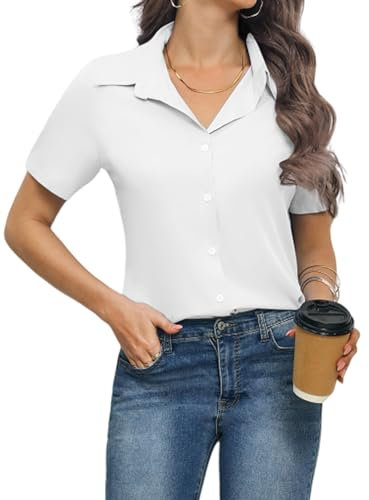 Zeagoo Short Sleeve Blouse White Chiffon Shirts for Women Button Down Tshirts V Neck Summer Elegant Plain Dress Shirt White XL
