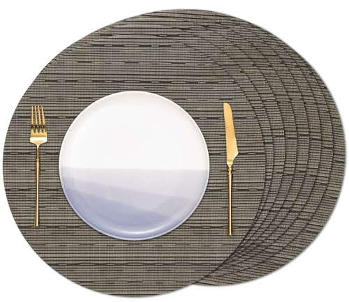 Banchif Tischsets Rund, Tischsets Abwaschbar 8er Set Platzdeckchen PVC Rund rutschfest Platzsets Abwischbar Gewebte Vinyl Platzsets Durchmesser 38 cm, Schwarz Gold