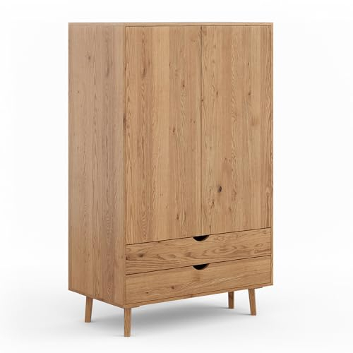 Lomadox Kleiderschrank Drehtürenschrank klein 110 cm breit 2 Schubladen 2 Türen Eiche massiv