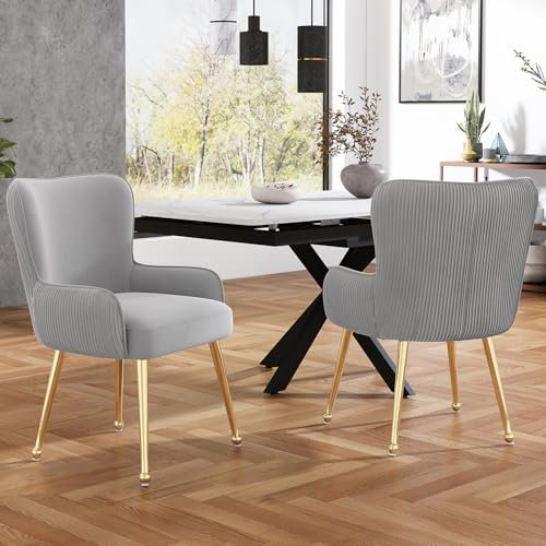 HUMZGHG Lot de 2 chaises de salle à manger avec 4 pieds en métal doré - Chaise de luxe avec accoudoirs et support lombaire - Pour salon, chambre à coucher et bureau - Gris