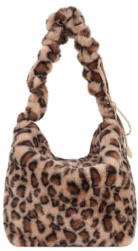 Meliyya Plüsch Handtasche Damen Leopardenmuster Flauschige Tote Bag Schultertasche Große Shopper Uni Arbeit Mädchen Schule, Leopardenmuster Khaki